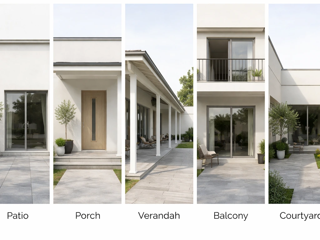 Minimal side-by-side scene comparing a patio, porch, verandah, balcony, and courtyard using five matching spaces