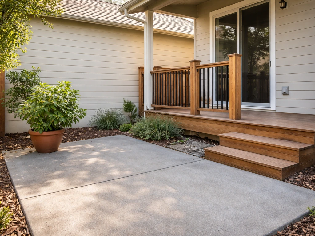 Ground-level outdoor space with simple cues: step-free patio area beside a raised deck railing