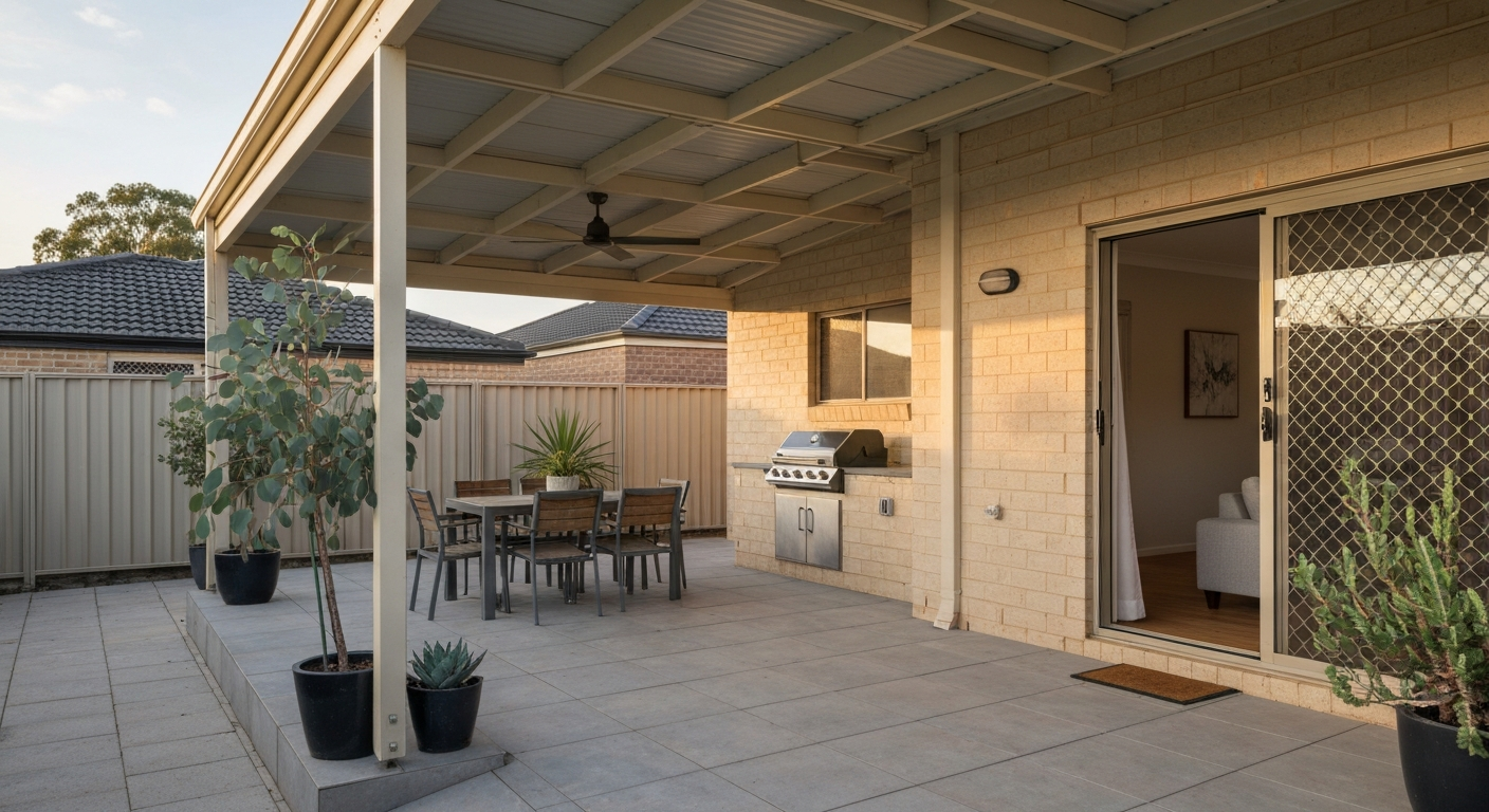 Ground-level Australian patio attached to a house with an alfresco pergola, dining set and barbecue in late-afternoon light.