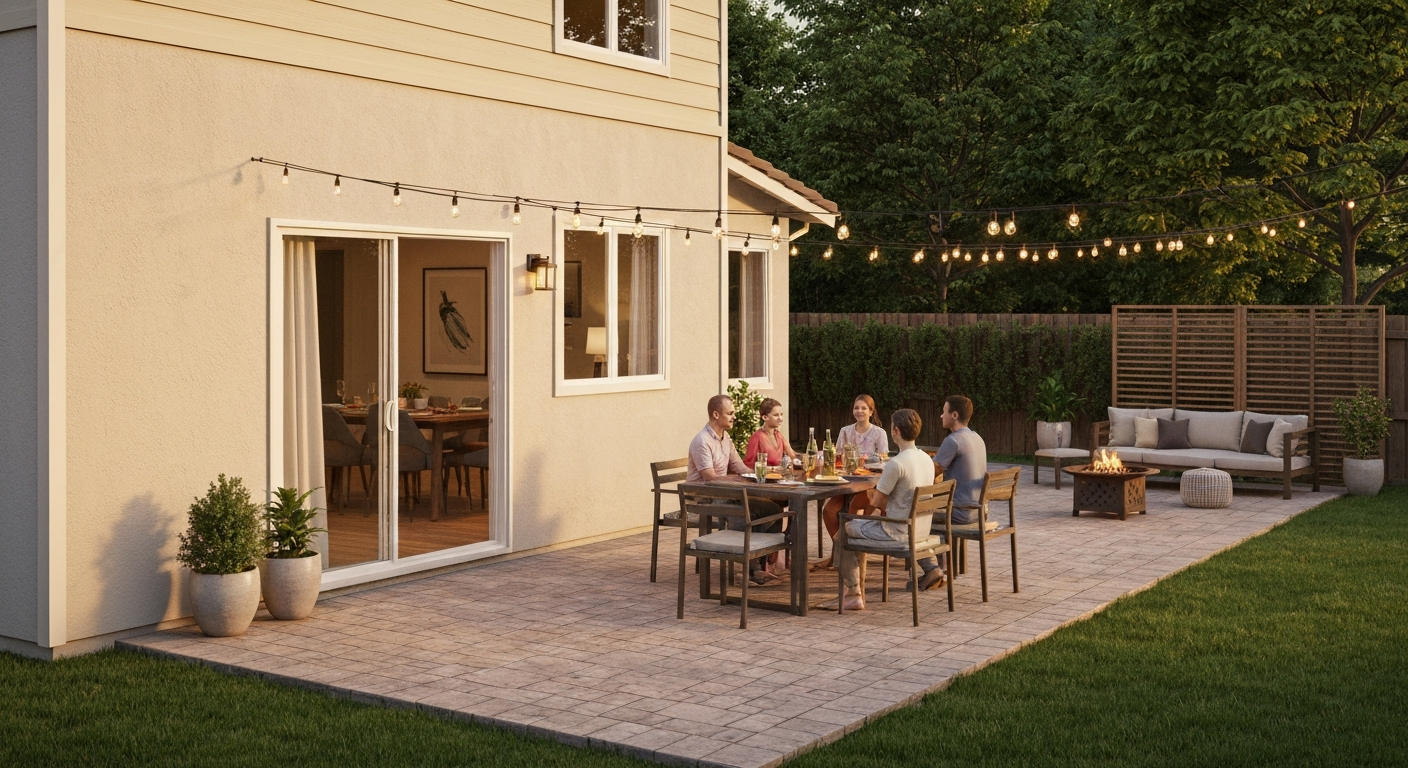 Warm evening back-yard patio with dining table, string lights, potted plants, and direct connection to the house.