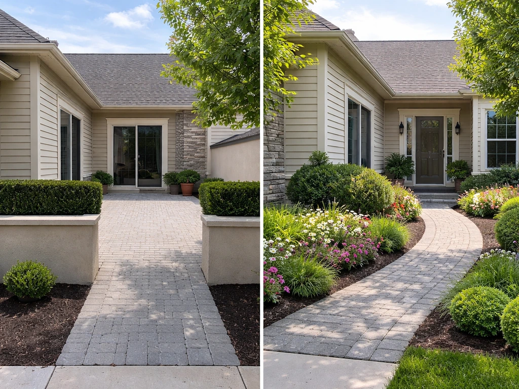 Split view of a patio home with a paved courtyard versus a garden home with planted yard borders.