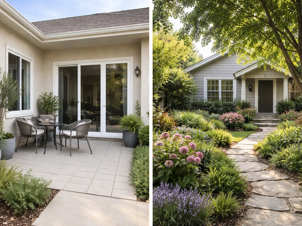 Minimal side-by-side photo-style scene showing an attached patio home outdoor courtyard and a detached garden home yard.