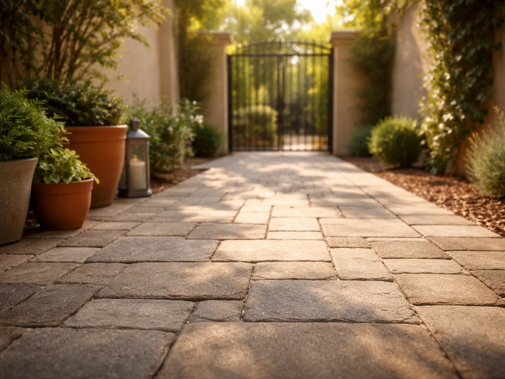 Close-up of a private fenced patio with stone pavers, warm sunlight, and a few potted plants.