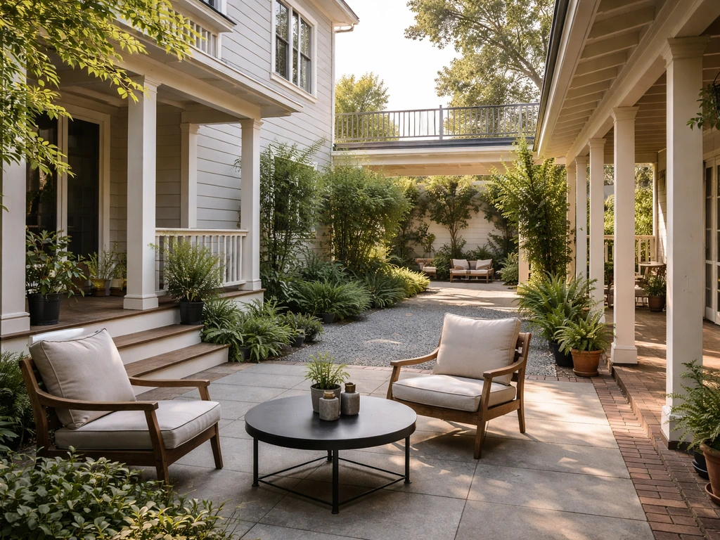 Minimal outdoor patio scene with distinct areas suggesting patio, porch, balcony, courtyard, and verandah