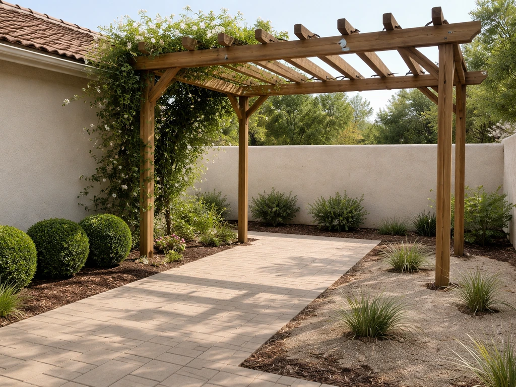 Minimal courtyard with a wooden pergola and simple planting beds suggesting HOA modification limits.