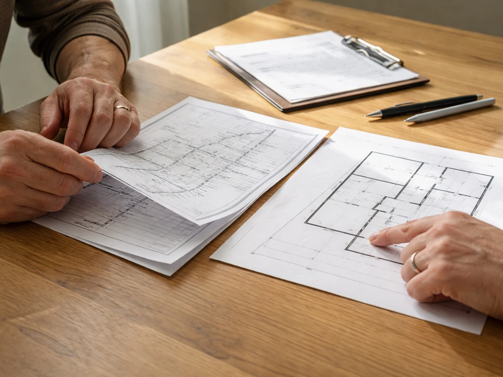 Hands reviewing property survey documents next to a simple floor plan to confirm outdoor-area boundaries.