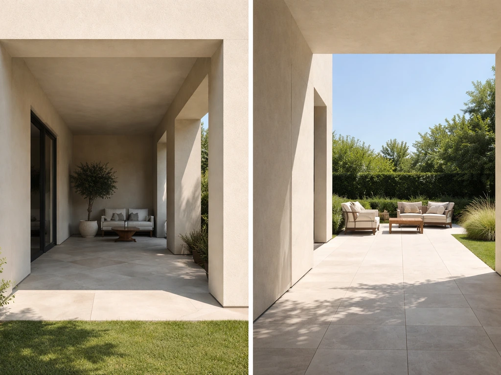 Recessed covered loggia and open ground-level patio shown side-by-side on a home exterior.