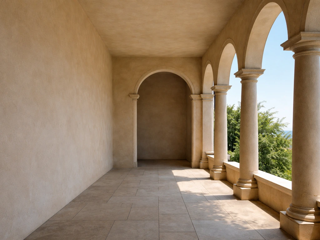 Recessed covered loggia with arches and columns integrated into a stucco building facade.