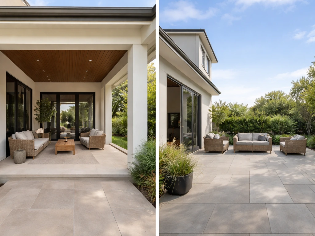 Side-by-side view of a recessed loggia with a fixed roof and an open ground-level patio.