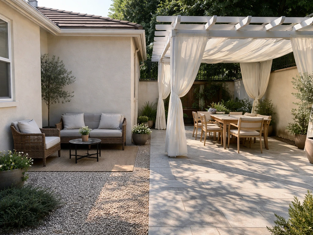 Courtyard patio partially enclosed by walls beside a pergola-shaded patio with potted plants and seating.