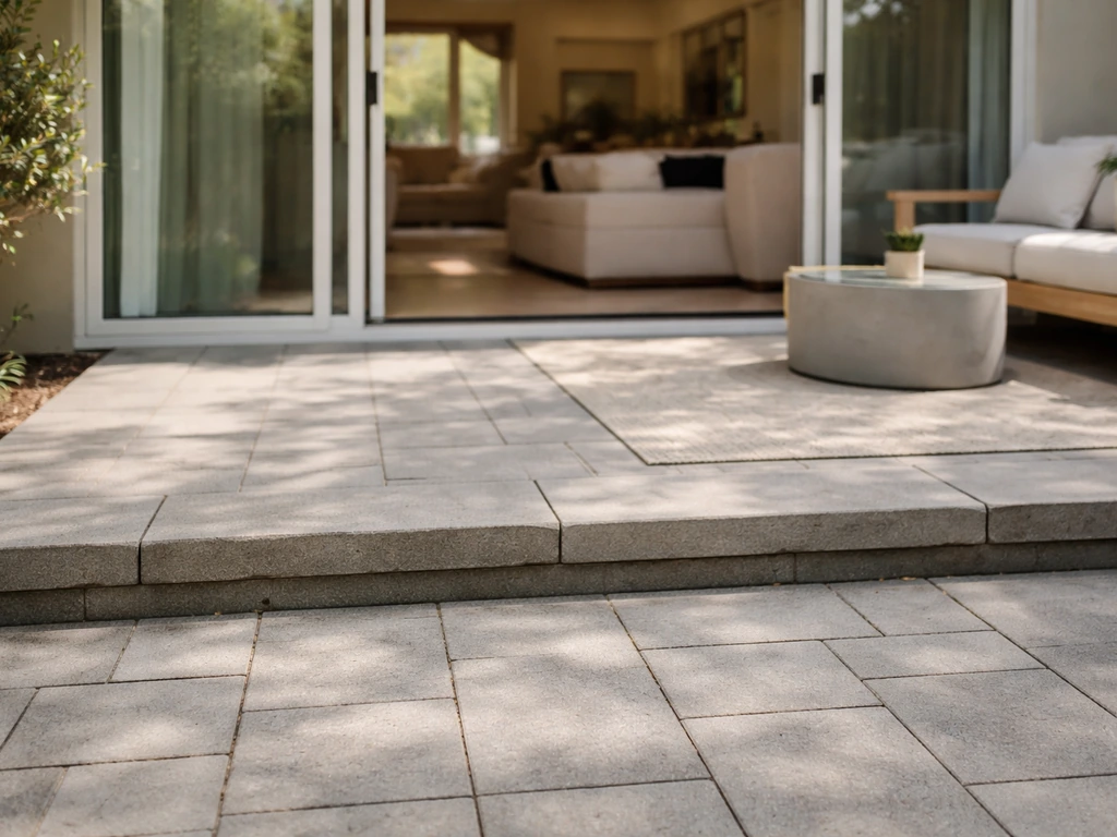 Ground-level patio with paver surface and an open sliding door from the main living area