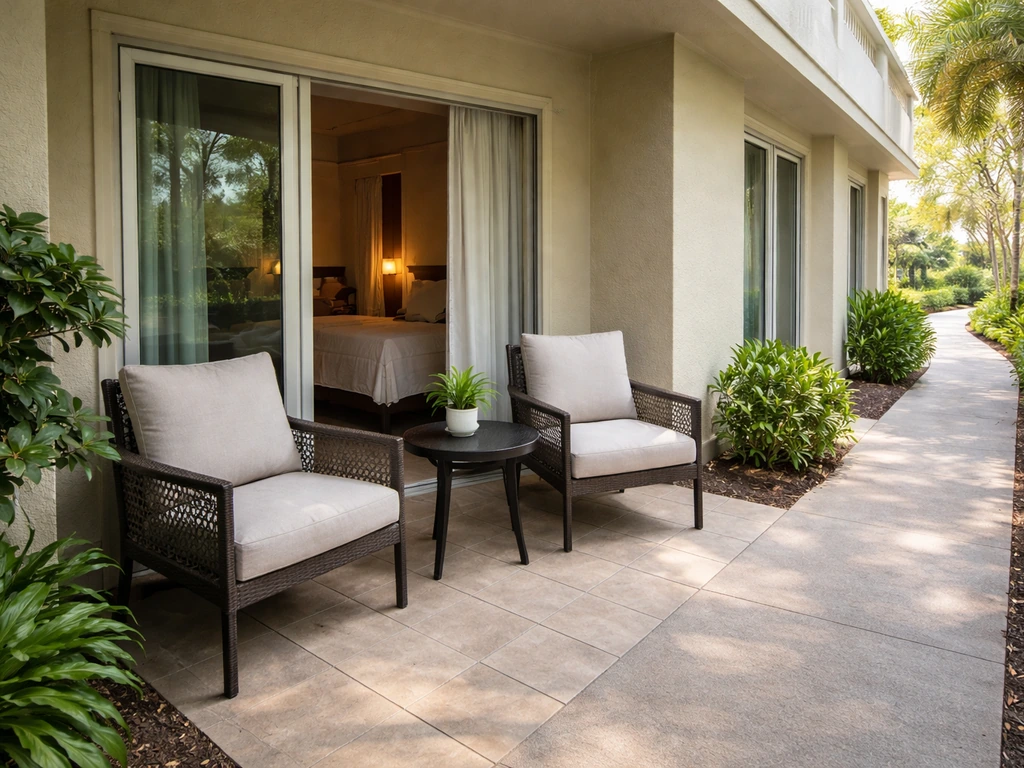 Ground-floor hotel patio outside a room with outdoor seating and a walkway entry.