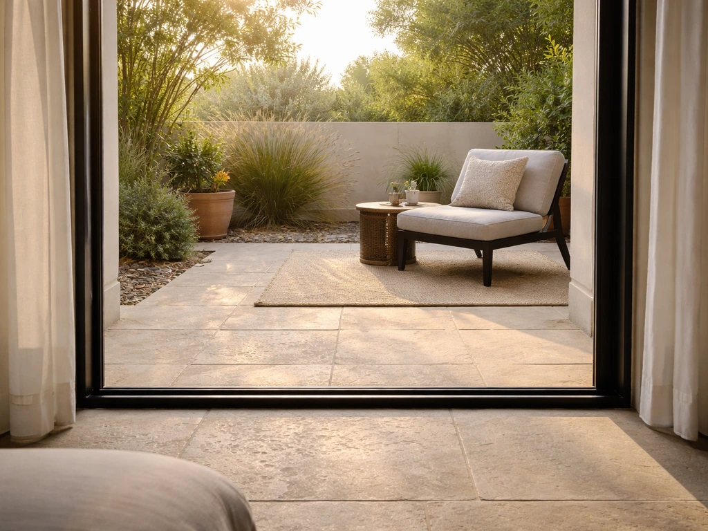 View of a ground-level hotel patio doorway with nearby outdoor seating and natural paving in soft light.