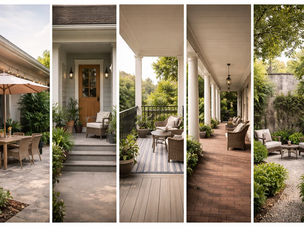 Minimal side-by-side montage of patio, porch, balcony, verandah, and courtyard with distinct elevation and enclosure cue