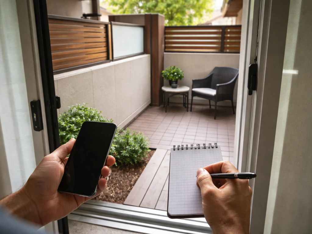 Hands inspect a hotel patio door and privacy boundary fence from a room, with neighbor sightlines visible.