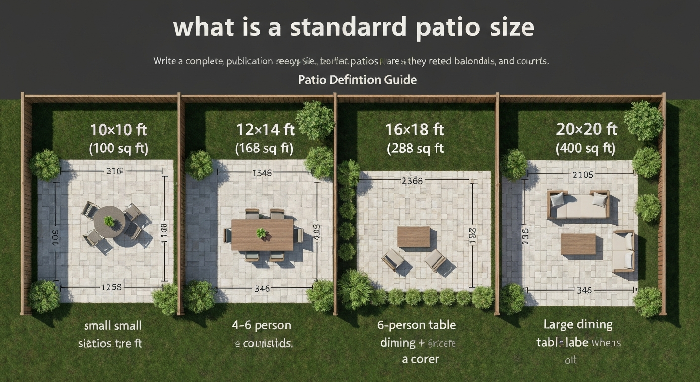 Top-down photorealistic illustration comparing four patio sizes (10×10, 12×14, 16×18, 20×20) with furniture and dimension labels.