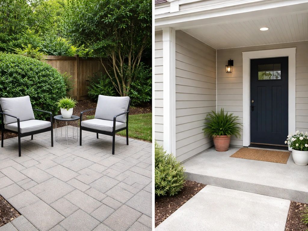 Split view of an uncovered patio with seating and a roofed porch attached to a house entrance.
