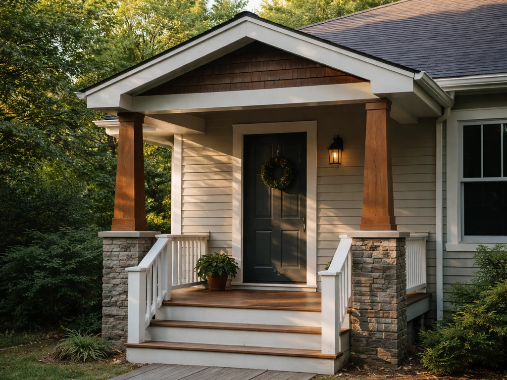 Residential front porch with a projecting roof, columns, railing, and steps leading to the entrance.
