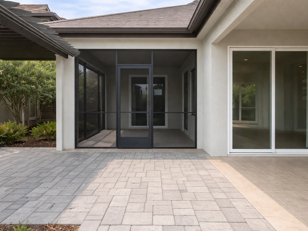 Three minimal outdoor living spaces: covered patio, screened porch, and enclosed sunroom entry at daylight.