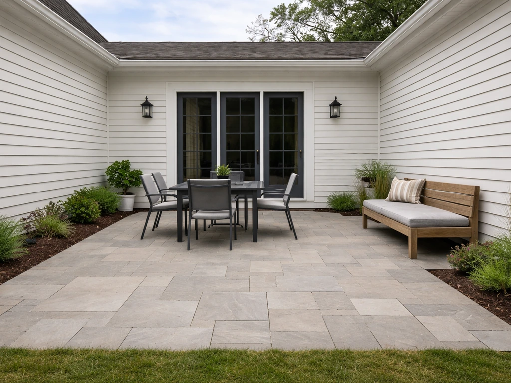 Wide view of an outdoor patio with hardscape floor and outdoor dining set beside a home exterior
