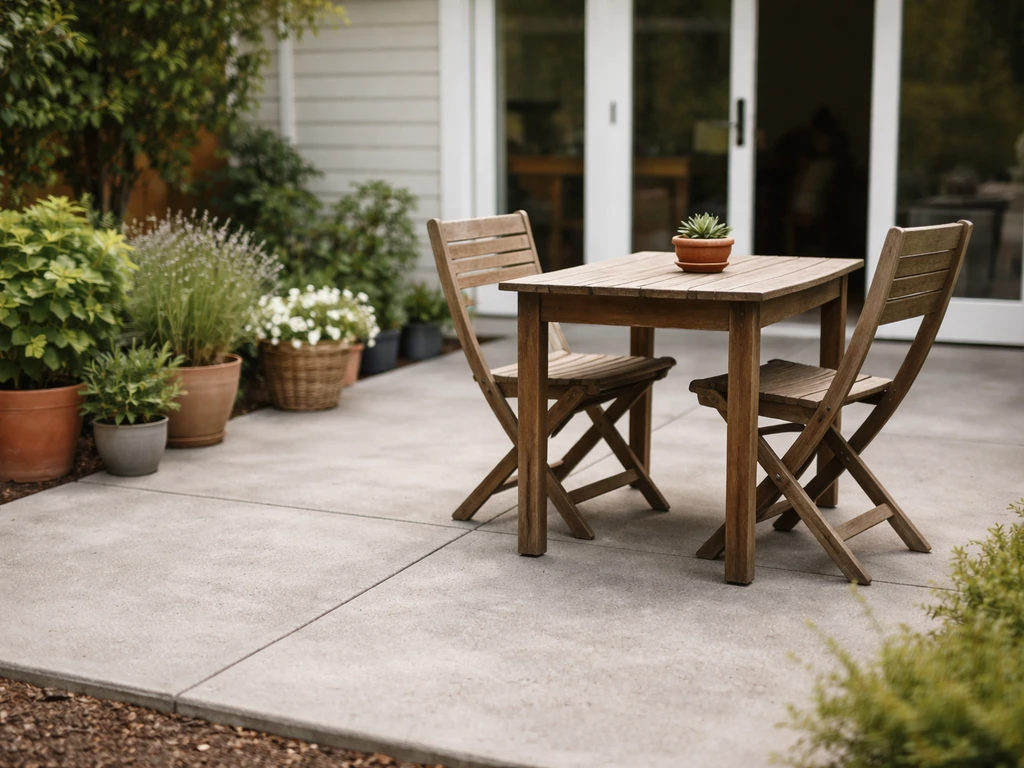 Concrete outdoor patio with chairs and a small dining table next to a house door and windows