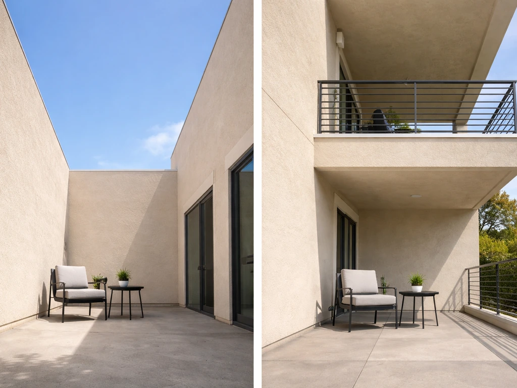 Split view of an open-to-sky ground-level patio and a projecting elevated balcony on the same building.