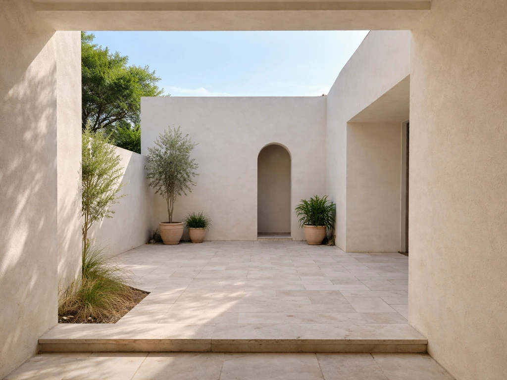 Sunlit enclosed courtyard with sky above, contrasted by an open patio edge