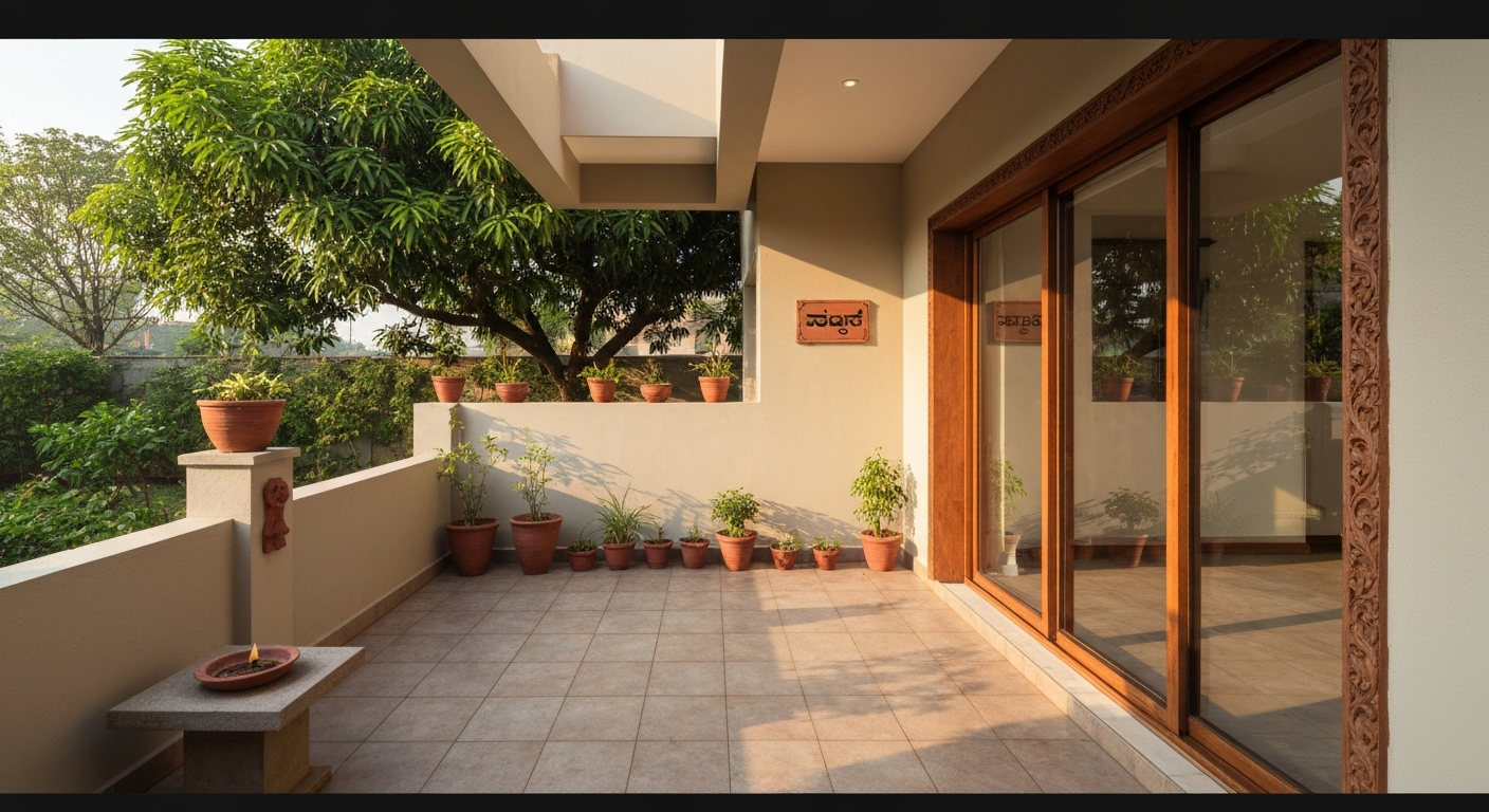 Ground-level tiled patio attached to a Karnataka house with potted plants and a tulasi plinth, labeled ಅಂಗಳ.