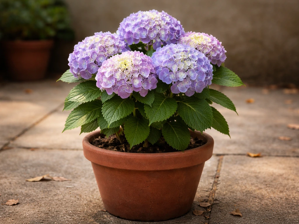 Compact blooming hydrangea in a terracotta container on a patio, photographed in natural light.