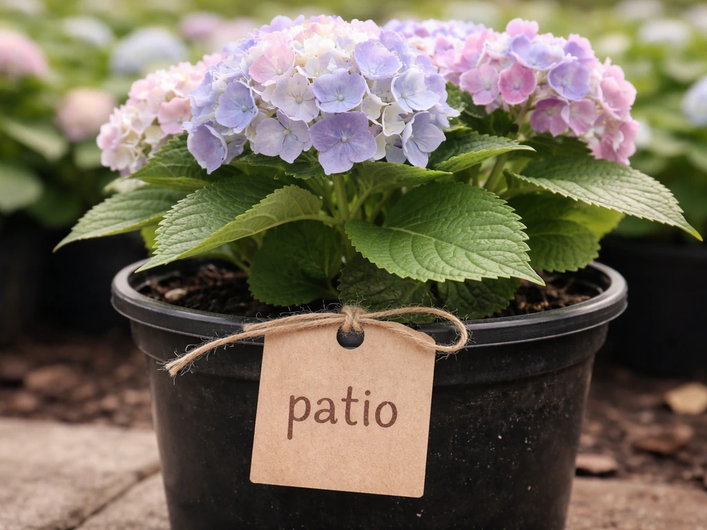 Hydrangea in a small pot with a tied tag showing “patio” for compact container growth.