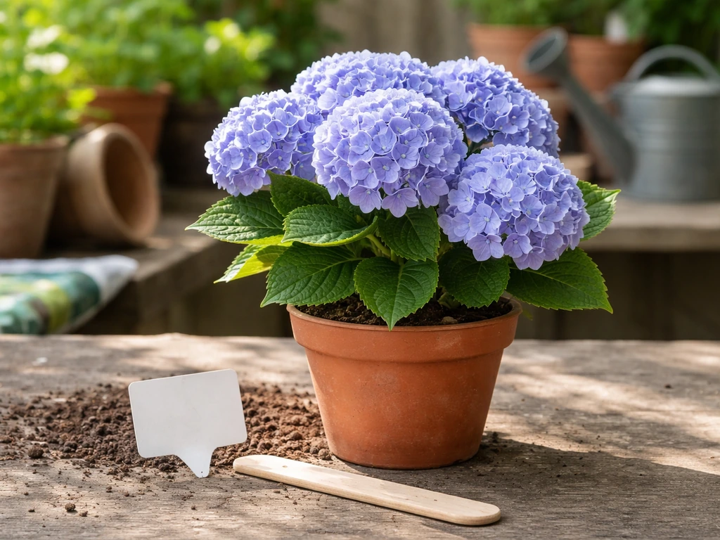 Blue hydrangea in a small pot next to blank plant tags, showing flower form and compact size cues.