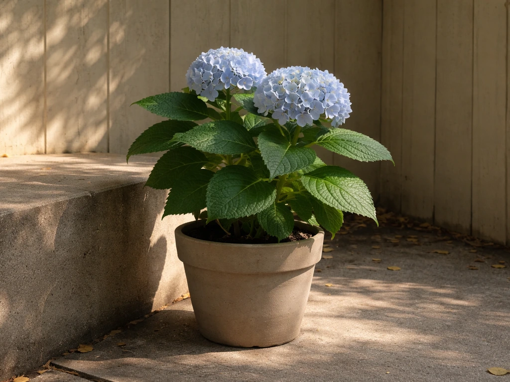 Potted bigleaf hydrangea on a patio receiving soft morning sun and afternoon shade