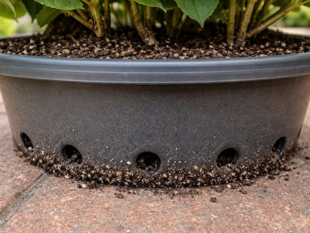 Close-up of a hydrangea container with visible drainage holes and dry, well-draining potting mix