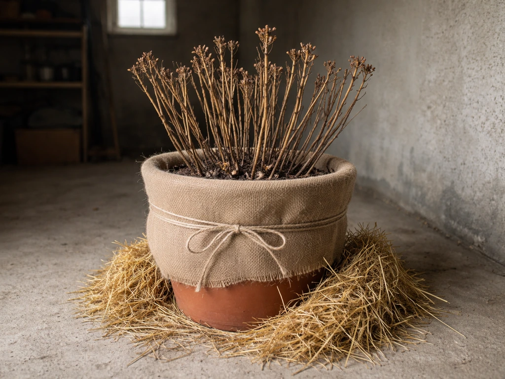 Hydrangea pot insulated with burlap and straw inside a frost-protected garage for overwintering.