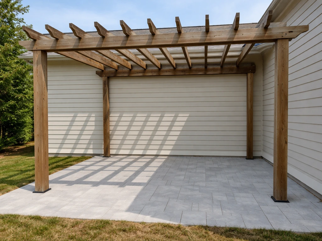 Sunlit patio floor with an attached pergola showing posts and overhead beams anchored to the house ledger.