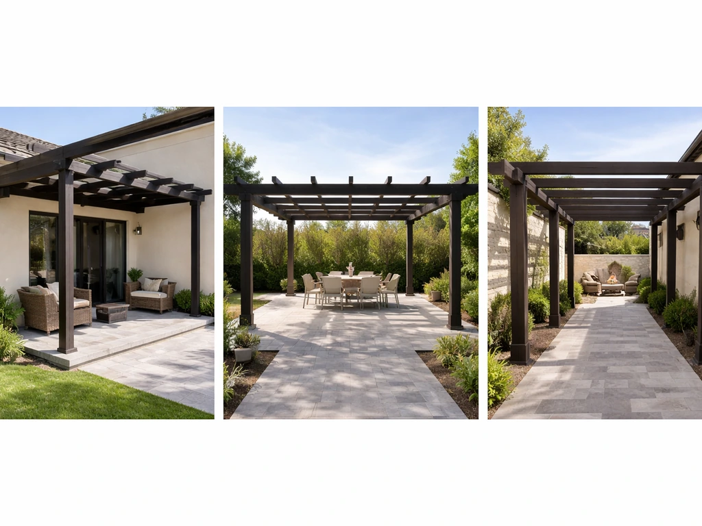 Three minimal patio scenes showing attached, freestanding, and courtyard pergola layouts with post placement.