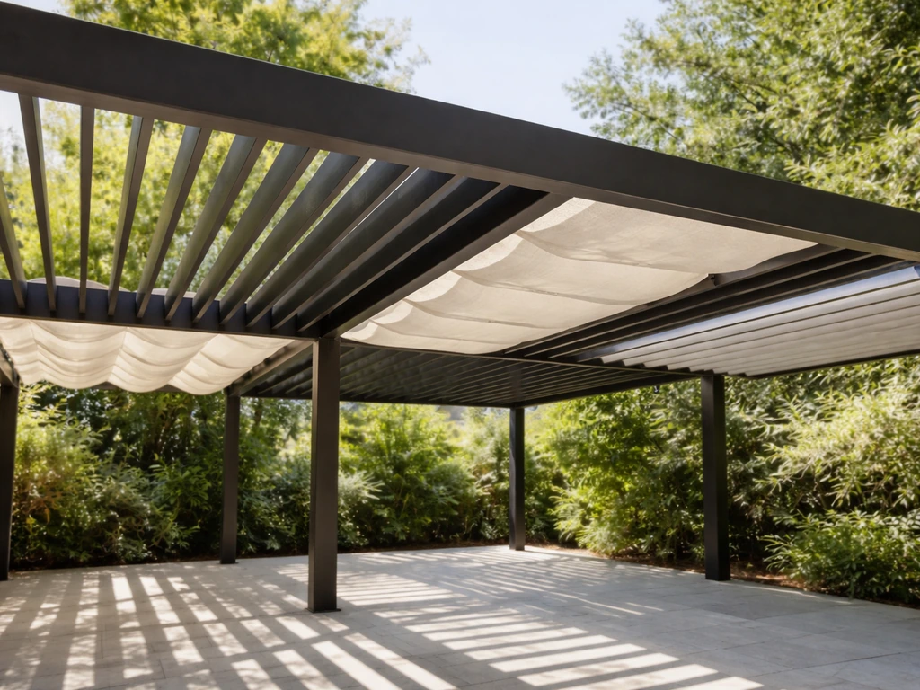 Close-up of an outdoor pergola roof: open slats, with light filtering through and fabric shade panels nearby.