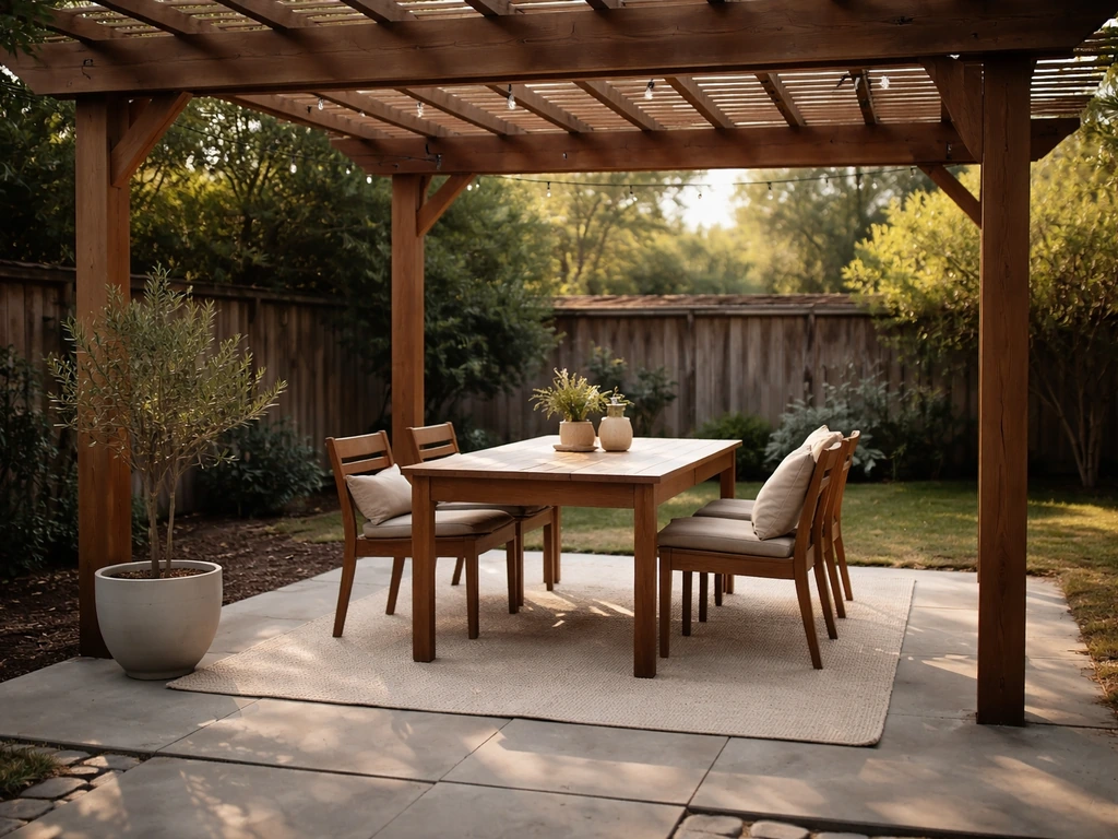 Outdoor dining under a pergola patio with a table, chairs, and soft evening light.
