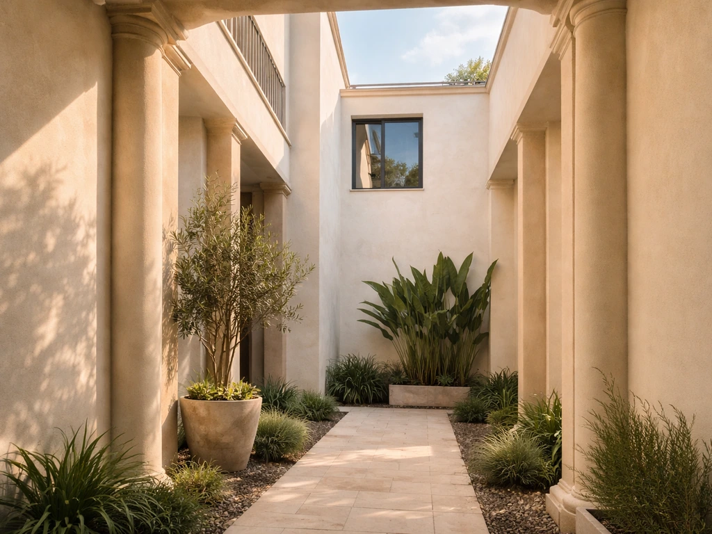 Sunlit enclosed residential courtyard open to the sky with stucco walls and planters