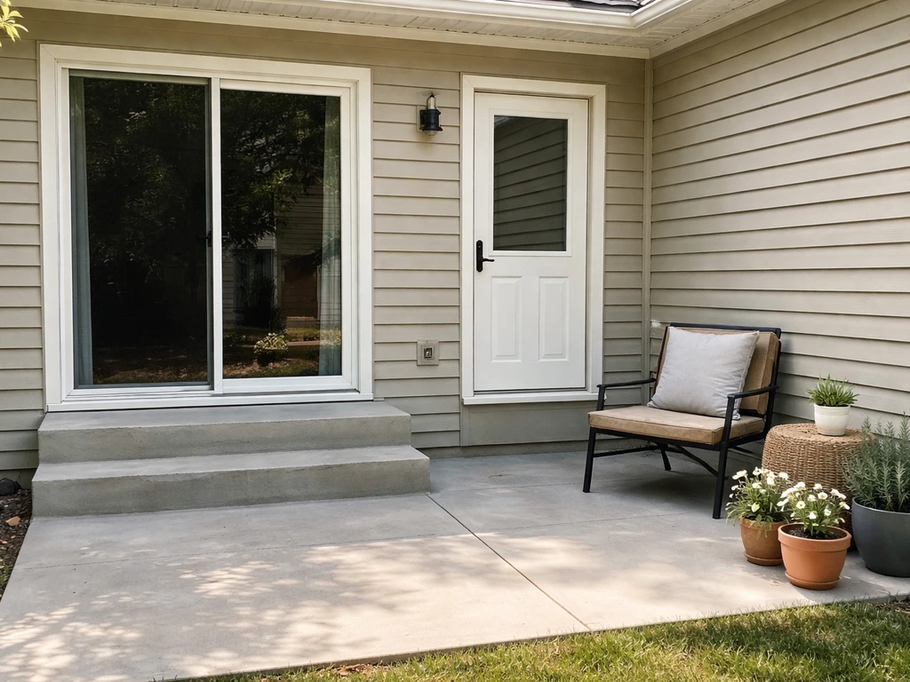Ground-level attached patio with steps and sliding glass doors opening from a home