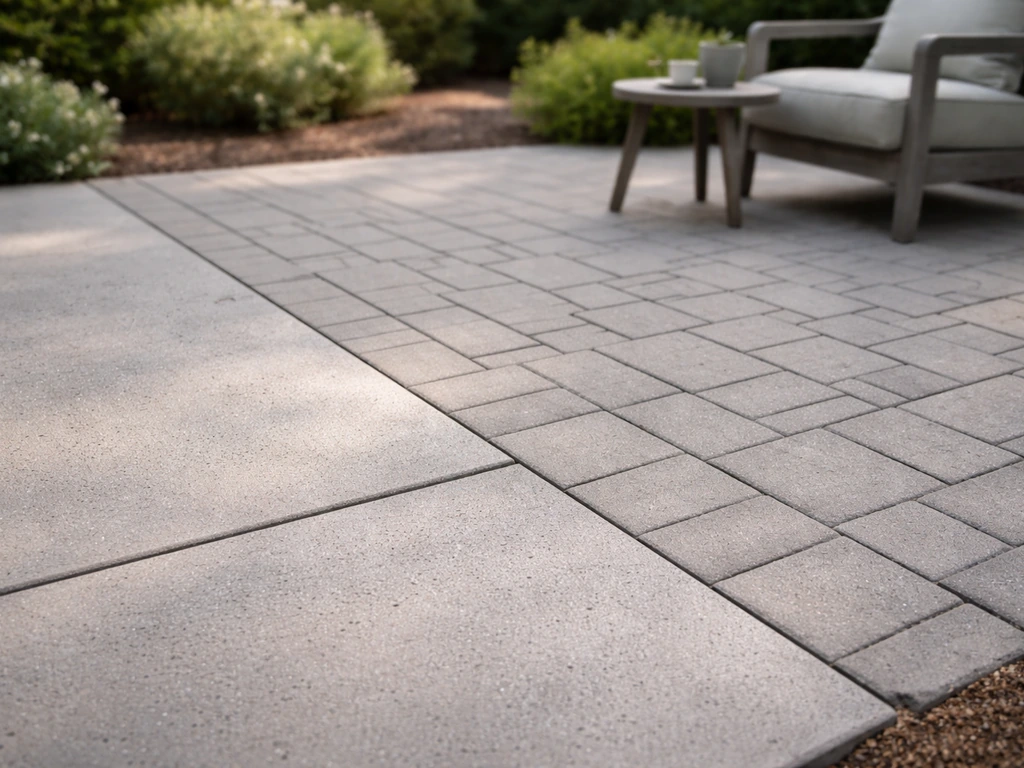 Close-up of concrete slab transitioning to L-shaped concrete pavers on an outdoor patio with minimal seating.