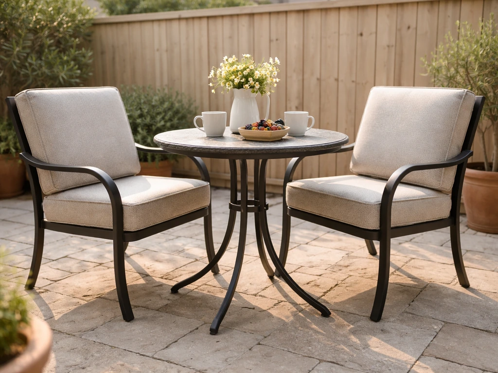 Outdoor patio dining set with two cushioned chairs in a neatly arranged setup