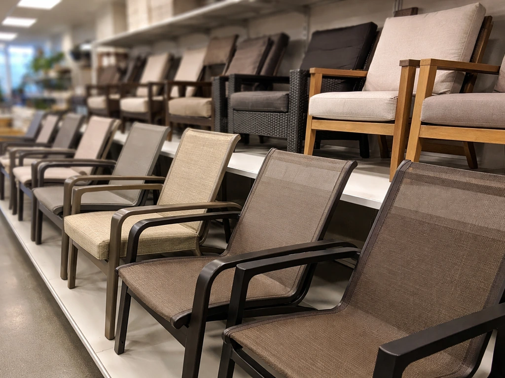 Close-up of stacked patio chairs on a retailer showroom shelf, shoppers browsing outdoor dining seating