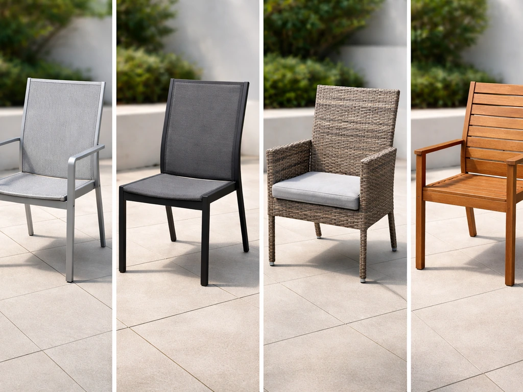 Patio chair material comparison showing aluminum frame, steel legs, synthetic wicker, and teak slats