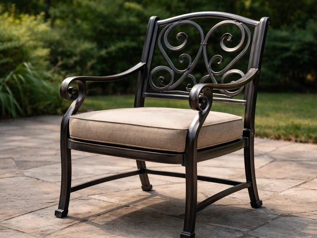 Close-up of a steel patio chair frame with classic wrought-iron scrollwork in an outdoor setting
