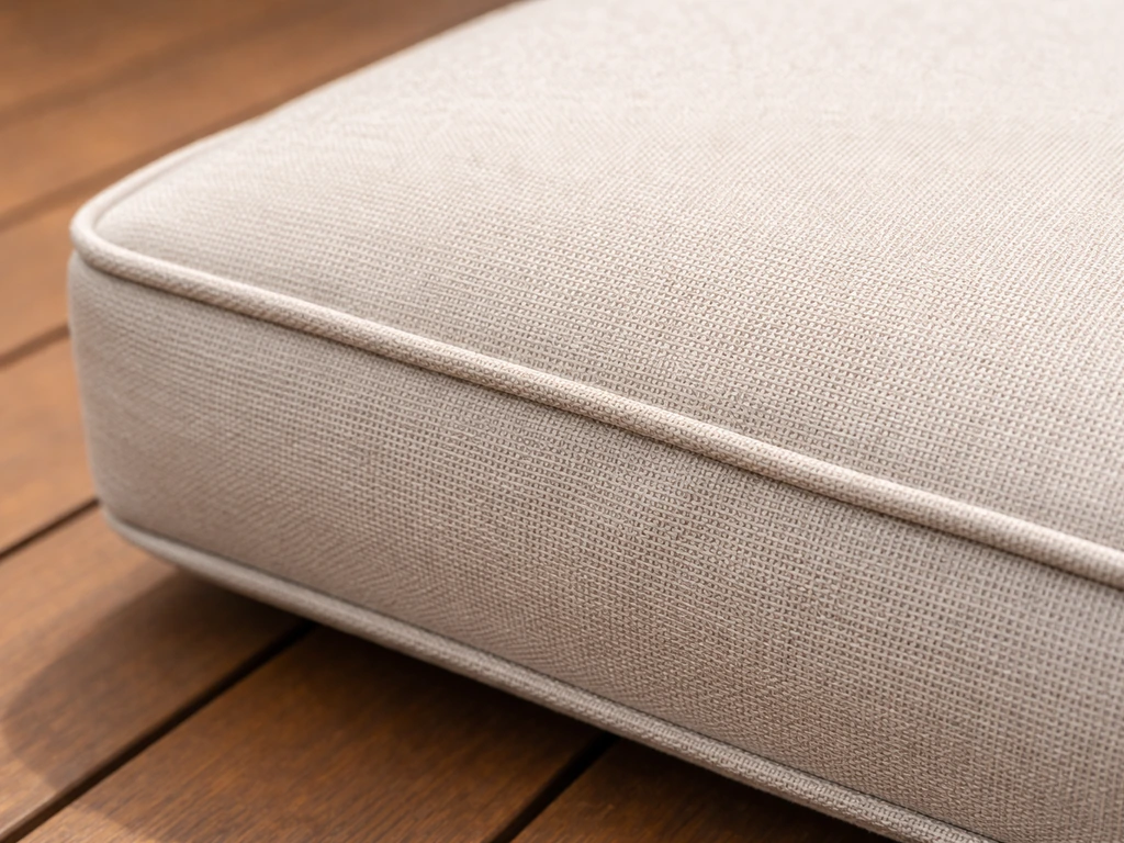 Close-up of outdoor performance cushion fabric with visible weave and piping trim in natural light
