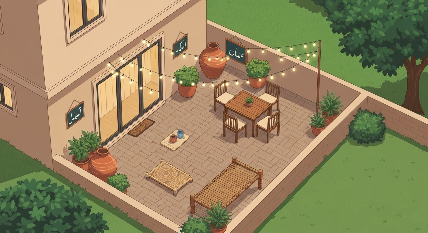 Illustration of a house patio (paved courtyard) with seating and plants; includes Urdu words صحن and آنگن integrated into the scene.