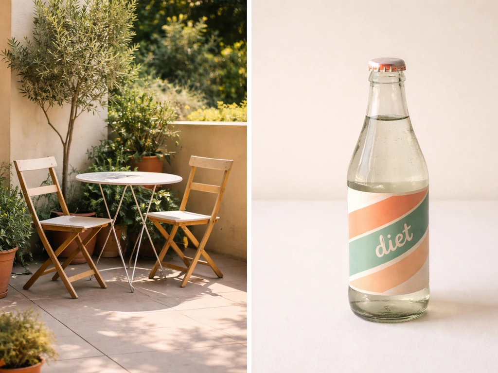 Split image showing an outdoor patio setting on one side and a vintage diet soda bottle on the other.