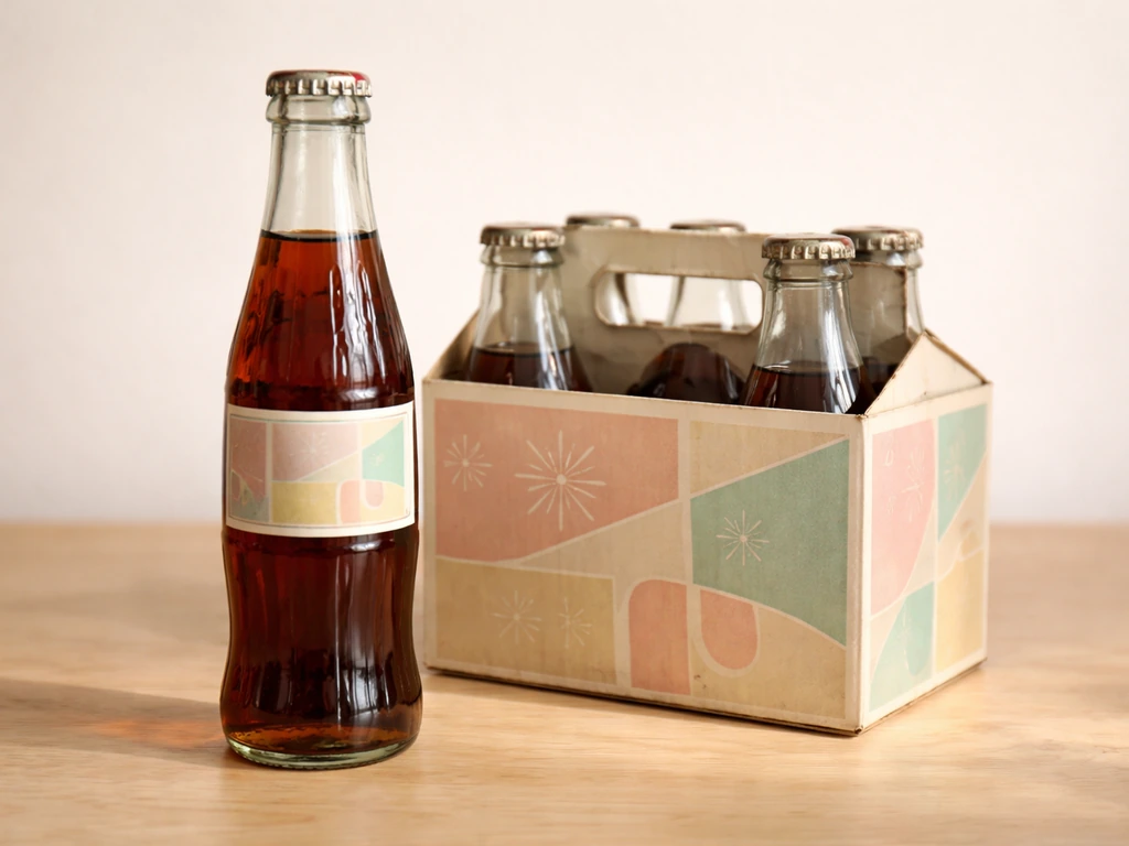 1960s-style Patio Diet Cola bottle concept with vintage packaging, photographed on a simple tabletop