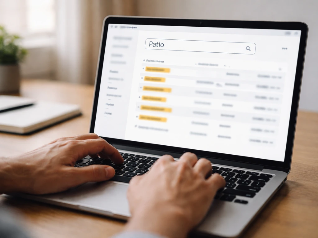 Hands typing on a laptop showing a generic trademark search with highlighted “Patio” results.